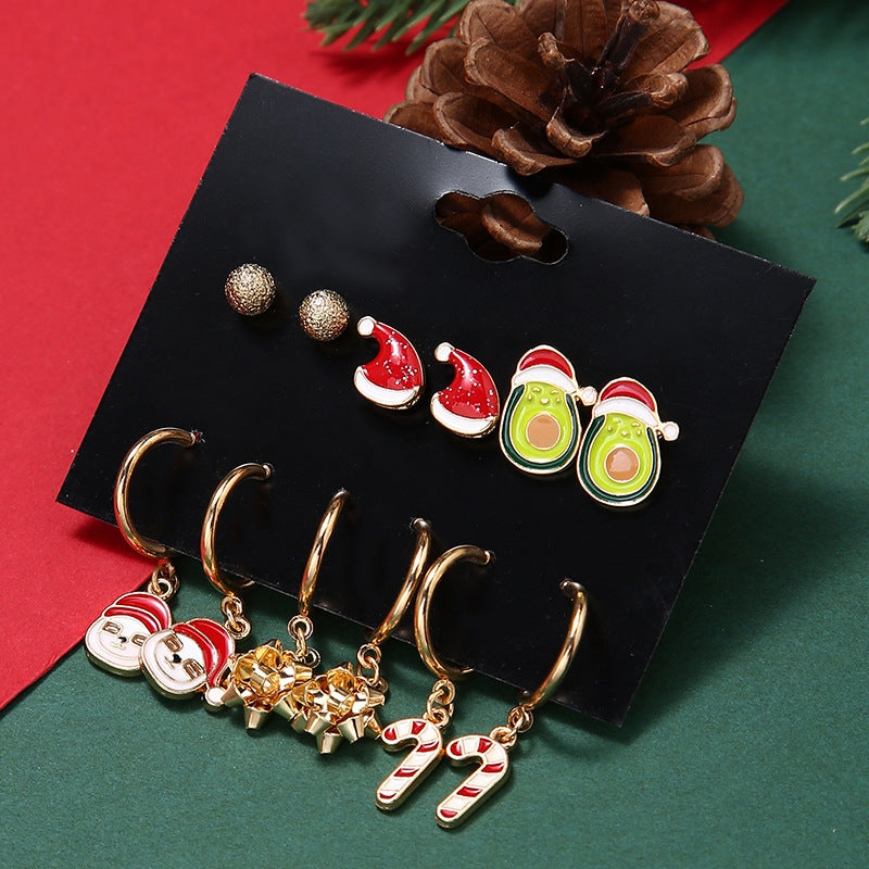 Cute Christmas Hat Snowman Candy Cane Alloy Enamel Earrings Set