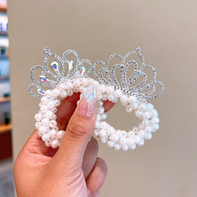 Cute Crown Pearl Rhinestone Hair Tie for Girls