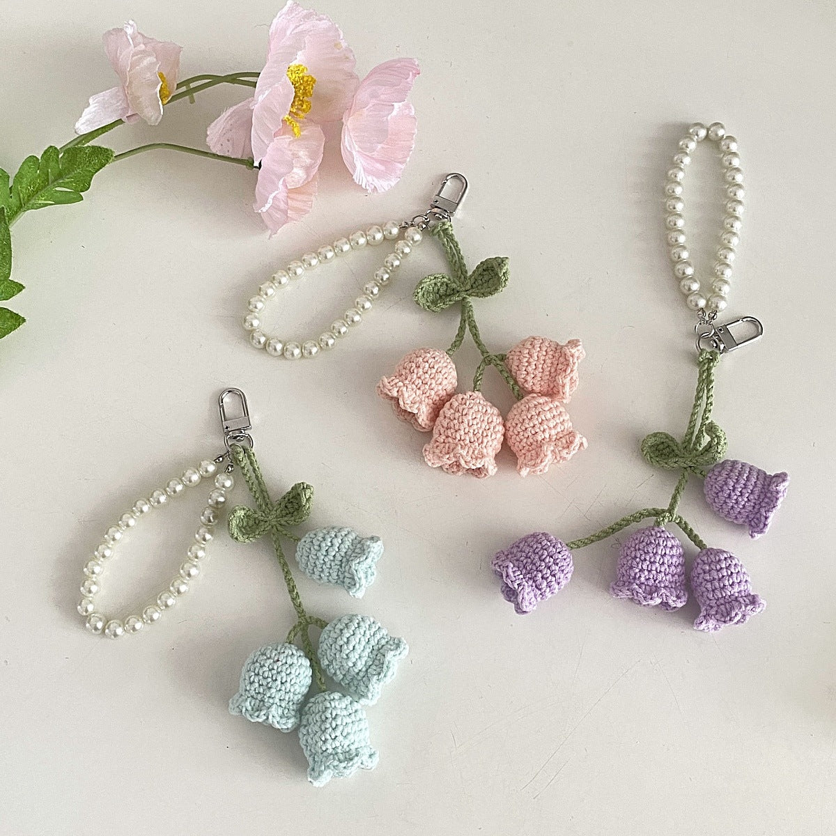 Cute Flower Yarn Pearl Chain Keychain for Women