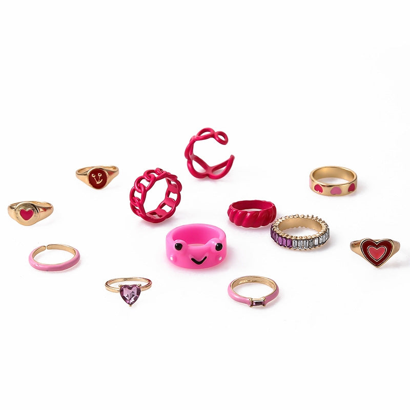 Cute Frog Enamel Heart & Lip Adjustable Ring Set - 12 Pieces