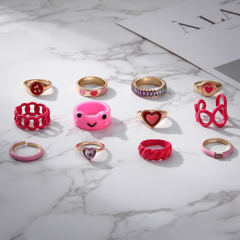 Cute Frog Enamel Heart & Lip Adjustable Ring Set - 12 Pieces