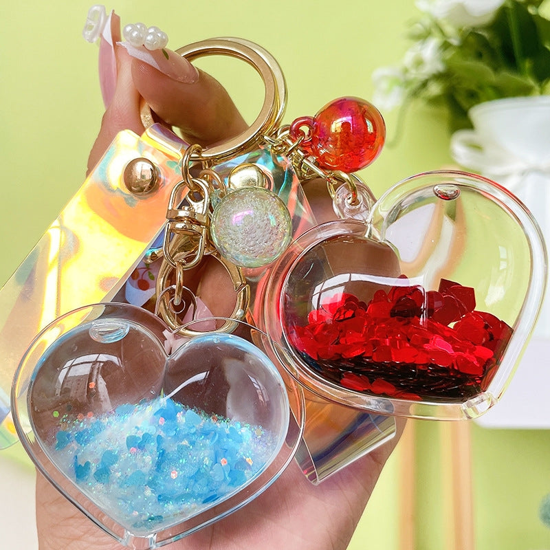 Cute Heart Acrylic Women's Bag Pendant Keychain with Glitter Liquid Sand