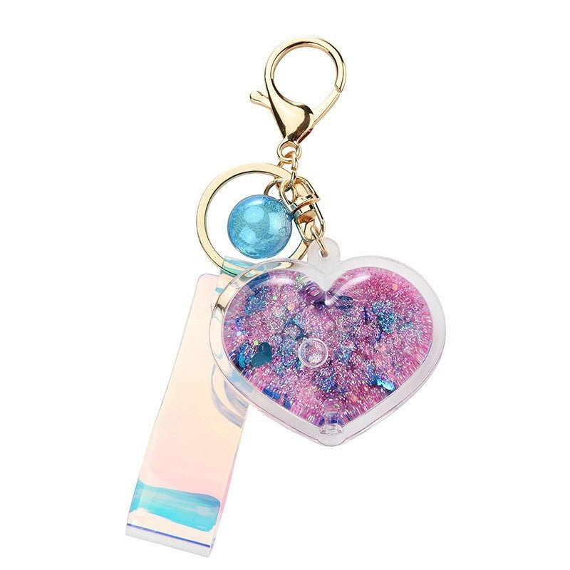 Cute Heart Acrylic Women's Bag Pendant Keychain with Glitter Liquid Sand