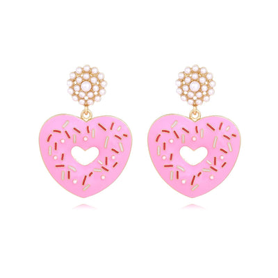 Cute Heart Shaped Enamel Pearl Drop Earrings for Women