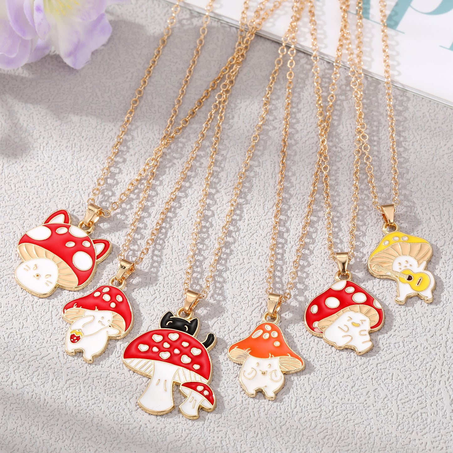 Cute Cartoon Mushroom Enamel Pendant Necklace