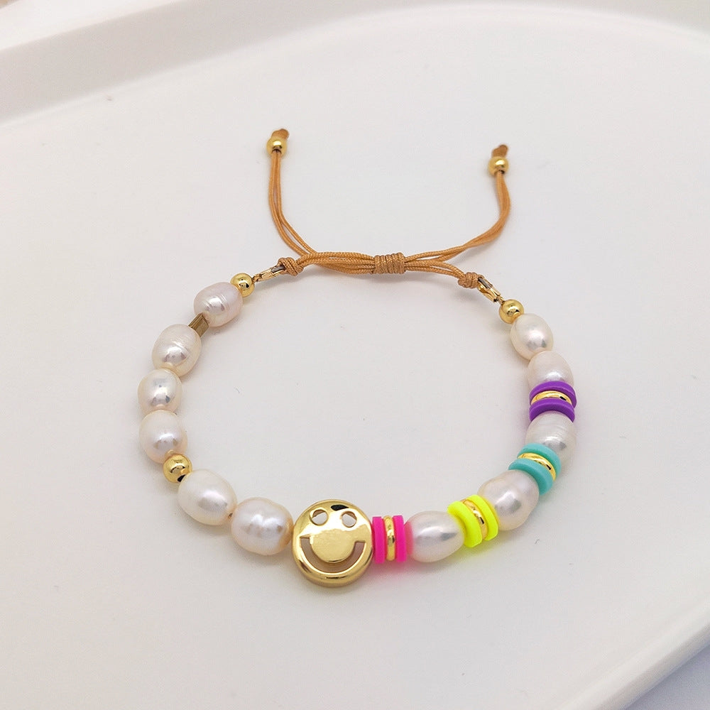 Oval Freshwater Pearl Hand-Woven Smiley Face Bracelet for Women