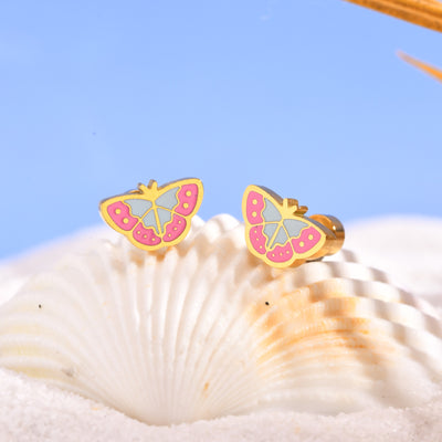 Cute Pastoral 18K Gold Butterfly Stainless Steel Epoxy Stud Earrings for Women