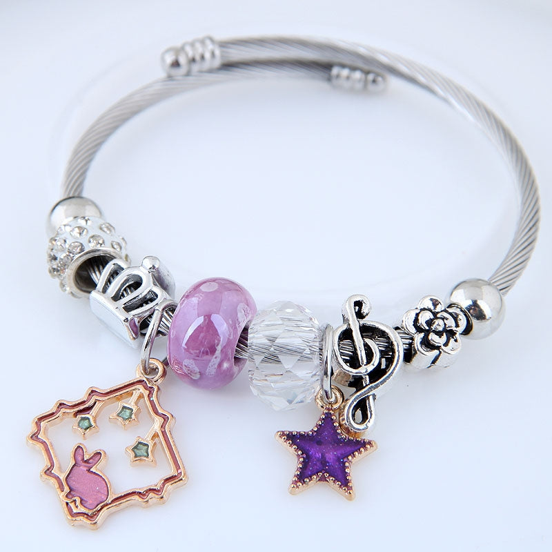 Pentagram Crown Beaded Stainless Steel Bracelet with Rabbit and Meteor Elements