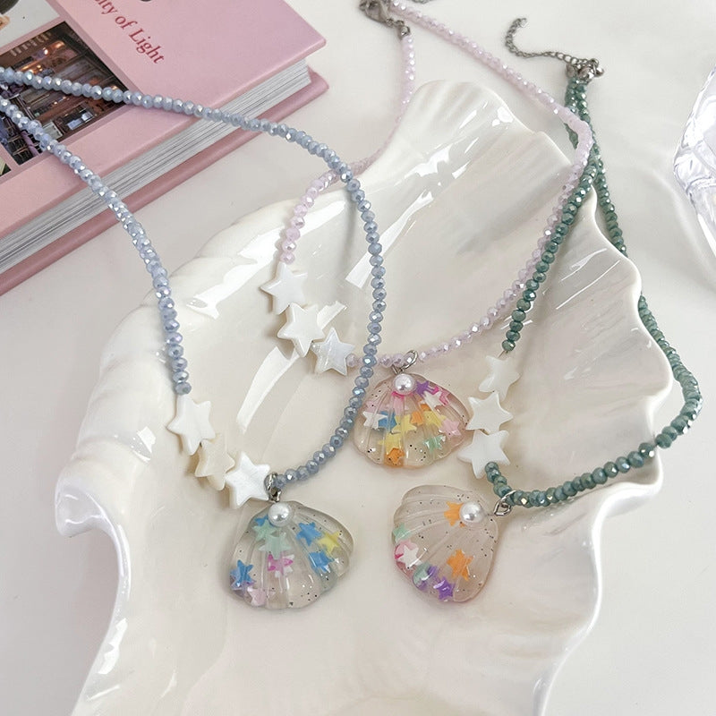 Pentagram Shell Beaded Resin Inlay Pearl Choker Necklace for Women
