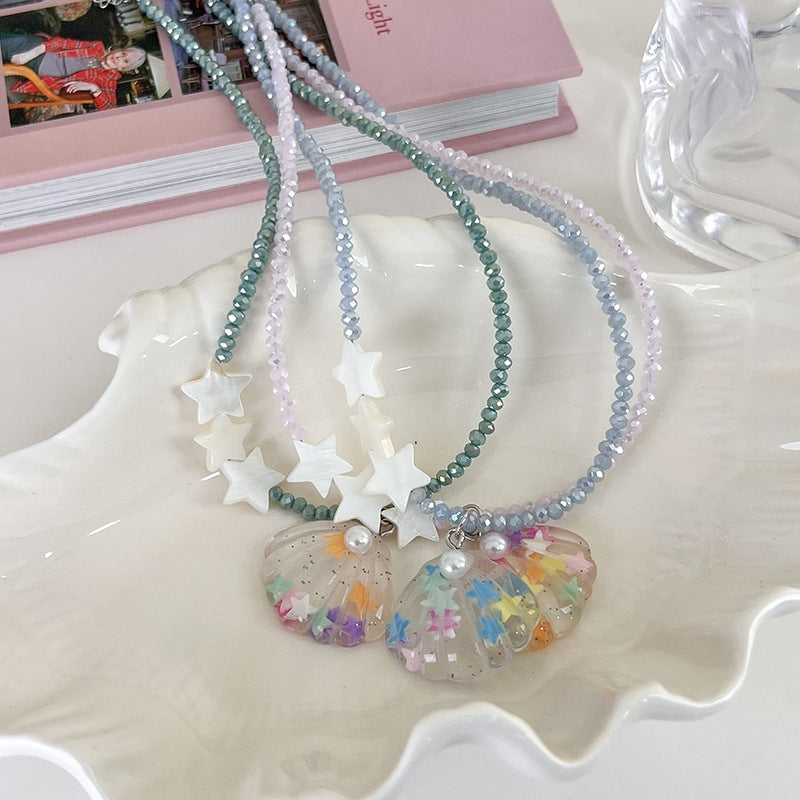Pentagram Shell Beaded Resin Inlay Pearl Choker Necklace for Women
