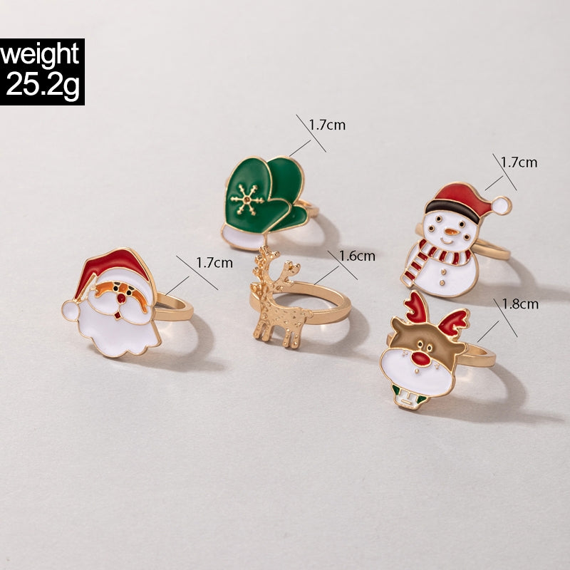 Cute Santa Claus Snowman Elk Enamel Alloy Ring Set for Women - 5 Pieces Holiday Collection