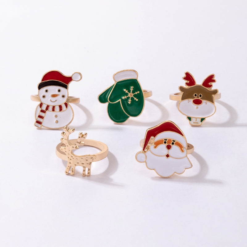 Cute Santa Claus Snowman Elk Enamel Alloy Ring Set for Women - 5 Pieces Holiday Collection