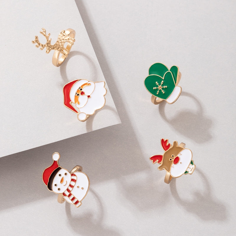 Cute Santa Claus Snowman Elk Enamel Alloy Ring Set for Women - 5 Pieces Holiday Collection