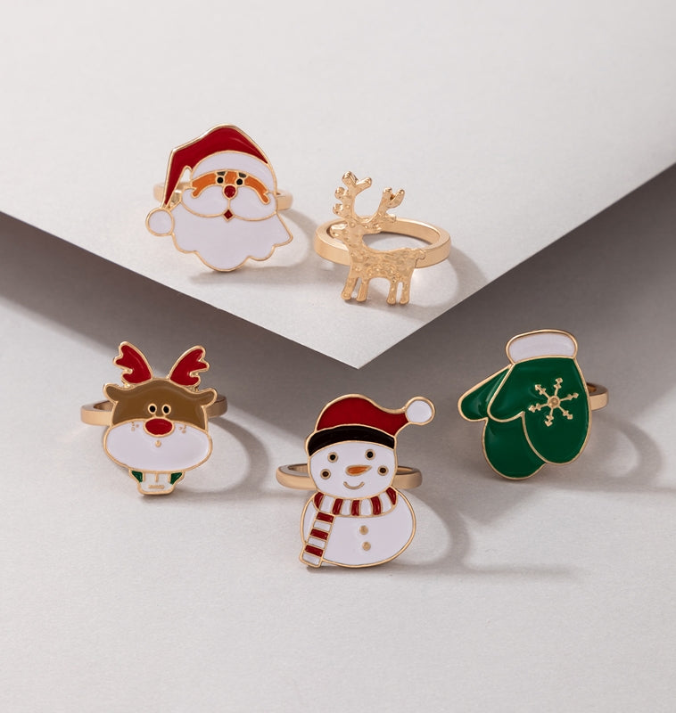 Cute Santa Claus Snowman Elk Enamel Alloy Ring Set for Women - 5 Pieces Holiday Collection