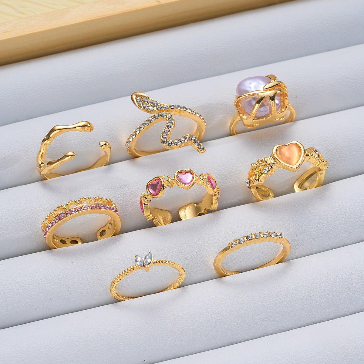 Cute Heart Shape Snake Rhinestone Pearl Ring Set - 8 Piece Fashion Jewelry