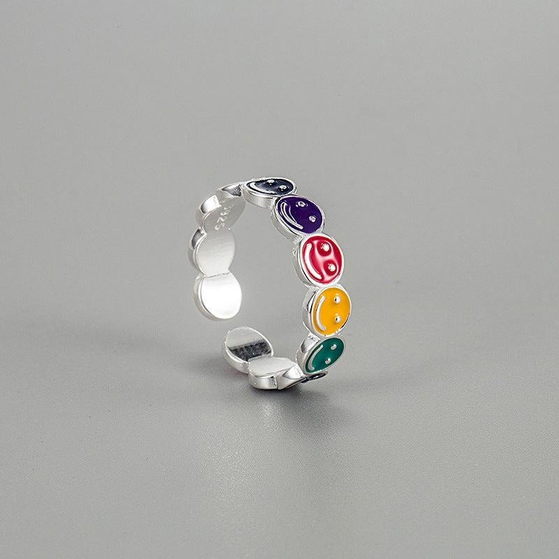 Cute Smiley Face 925 Sterling Silver Enamel Open Ring