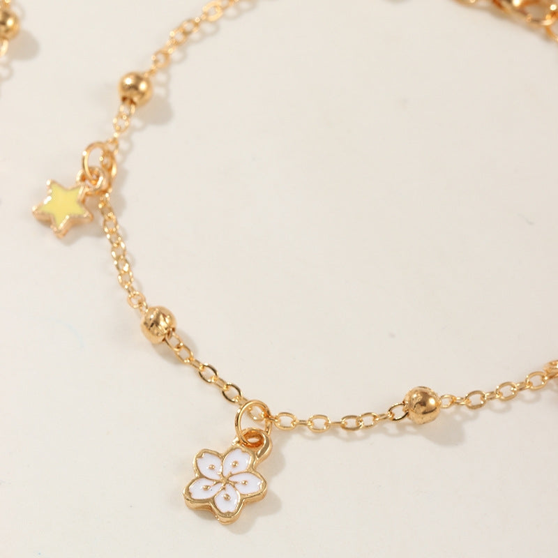 Cute Star Heart Flower Metal Bracelet with Diamond Tassel Charm for Girls