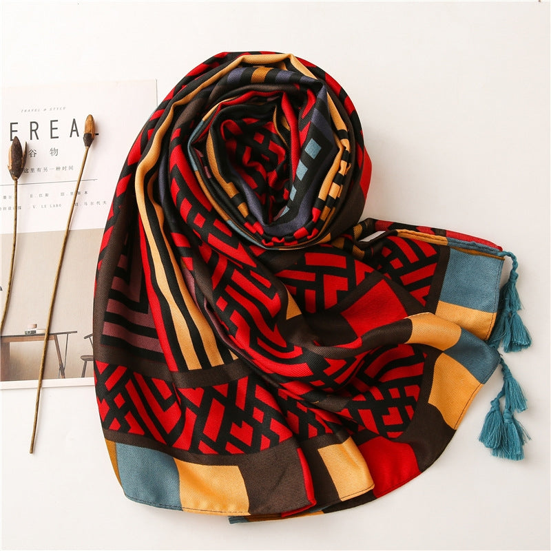 Starry Geometric Cartoon Cotton Linen Oversized Scarf with Colorful Tassels