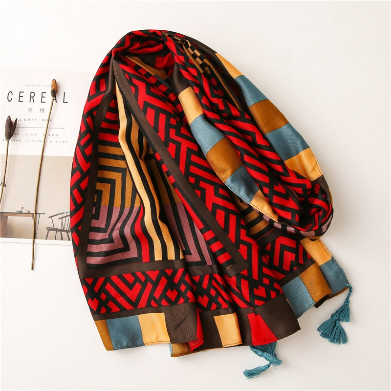 Starry Geometric Cartoon Cotton Linen Oversized Scarf with Colorful Tassels