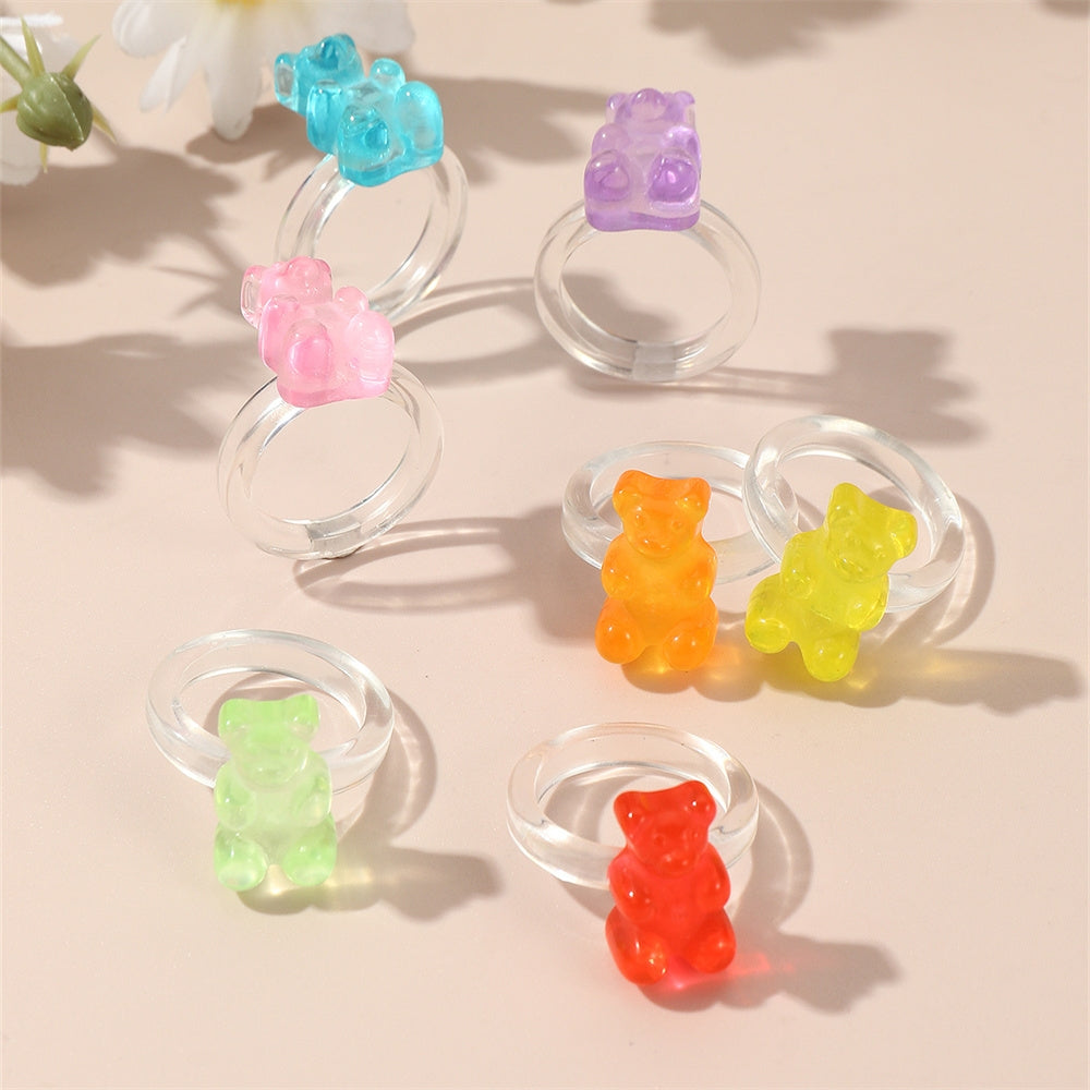 Cute Colorful Animal Resin Bear Rings Set for Kids