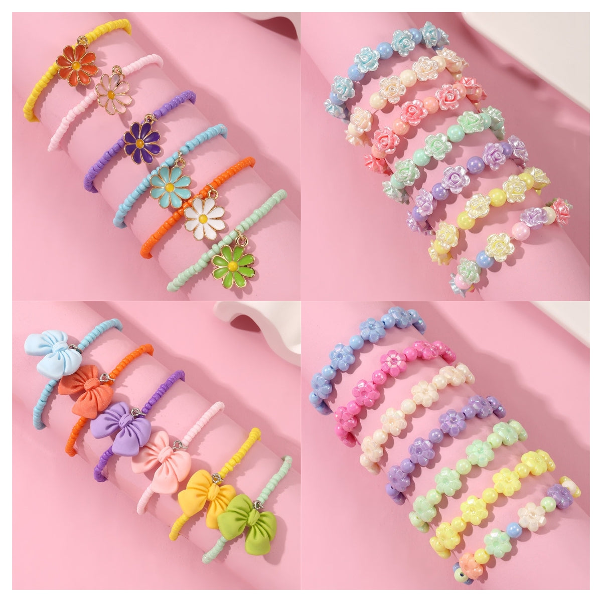 Cute Flower Bow Knot Beaded Acrylic Girl's Bracelet Set