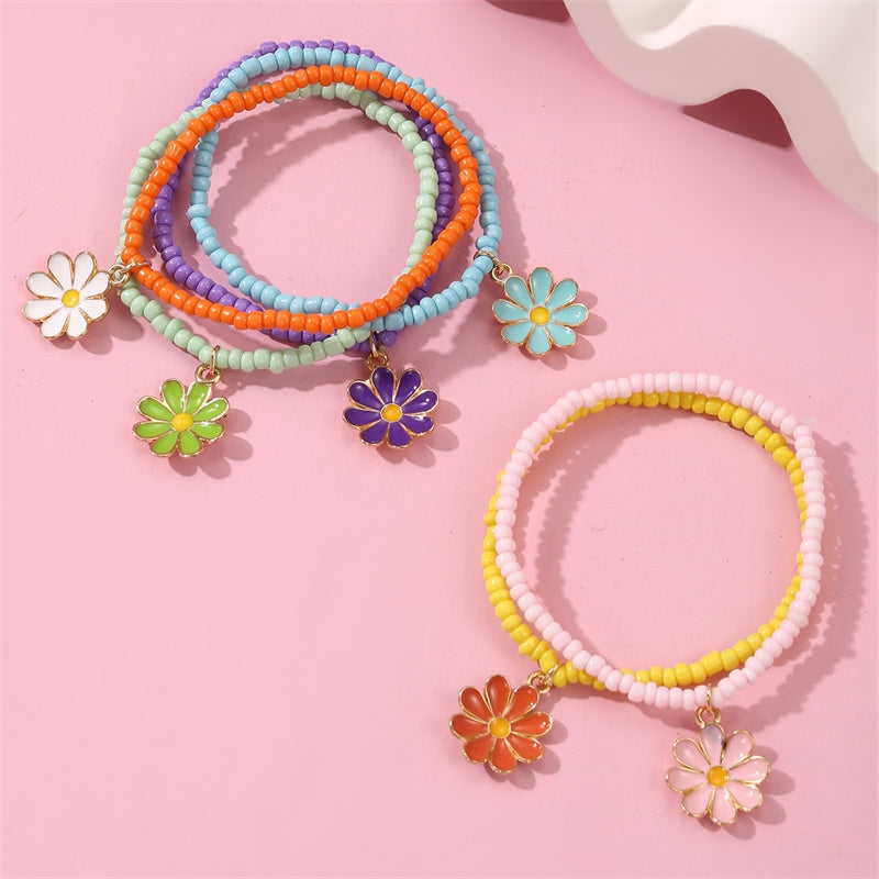 Cute Flower Bow Knot Beaded Acrylic Girl's Bracelet Set