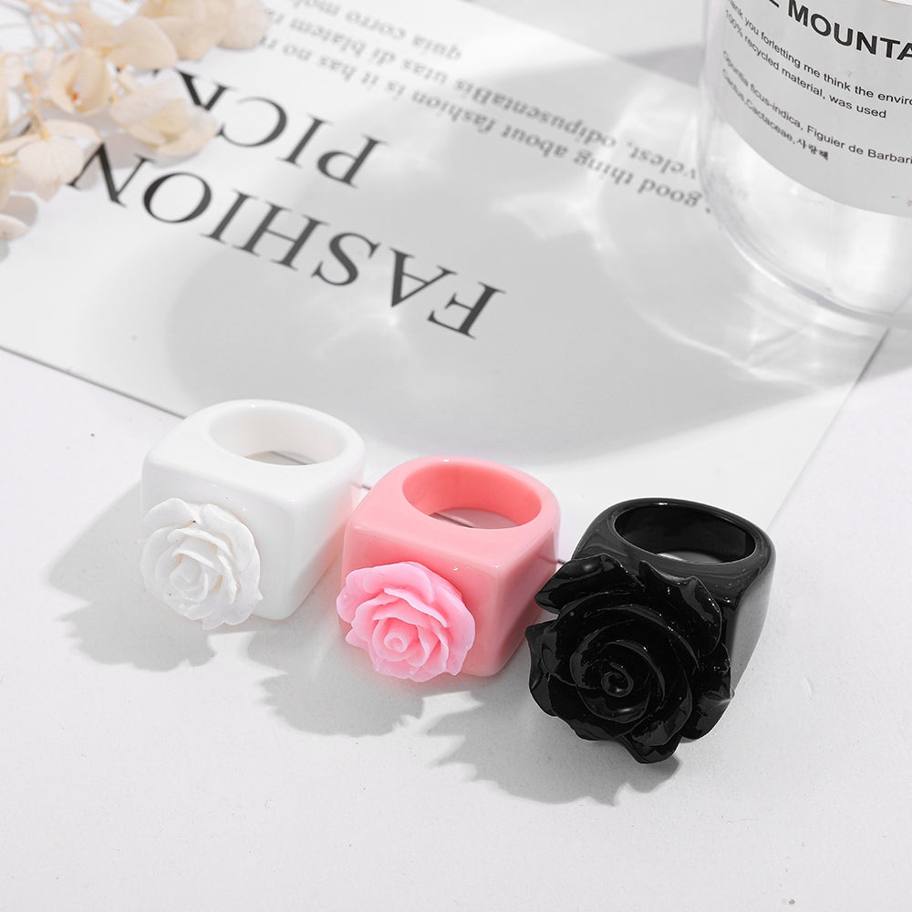 Cute Y2K Black and White Rose Resin Fashion Rings for Women