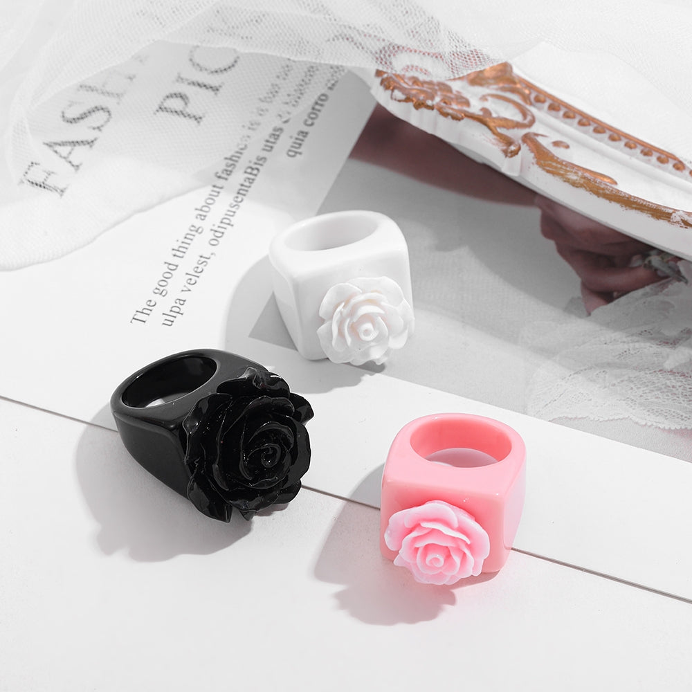 Cute Y2K Black and White Rose Resin Fashion Rings for Women