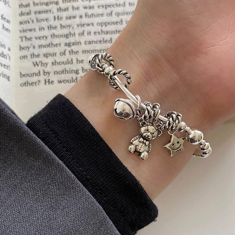Vintage Star Bear Sterling Silver Multi-Pendant Bracelet - Women's Fashion Accessory