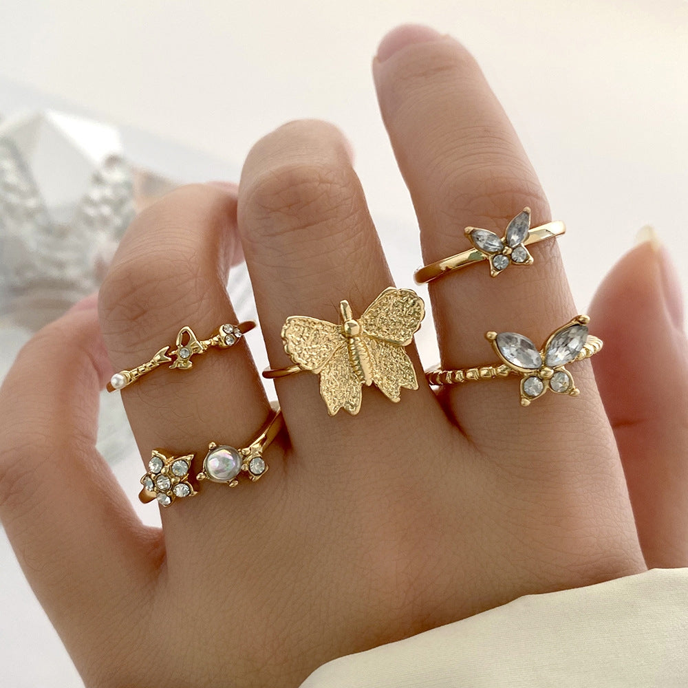 Diamond Butterfly Retro Pentagram Gold Plated Ring Set - 5 Pieces, Multiple Designs