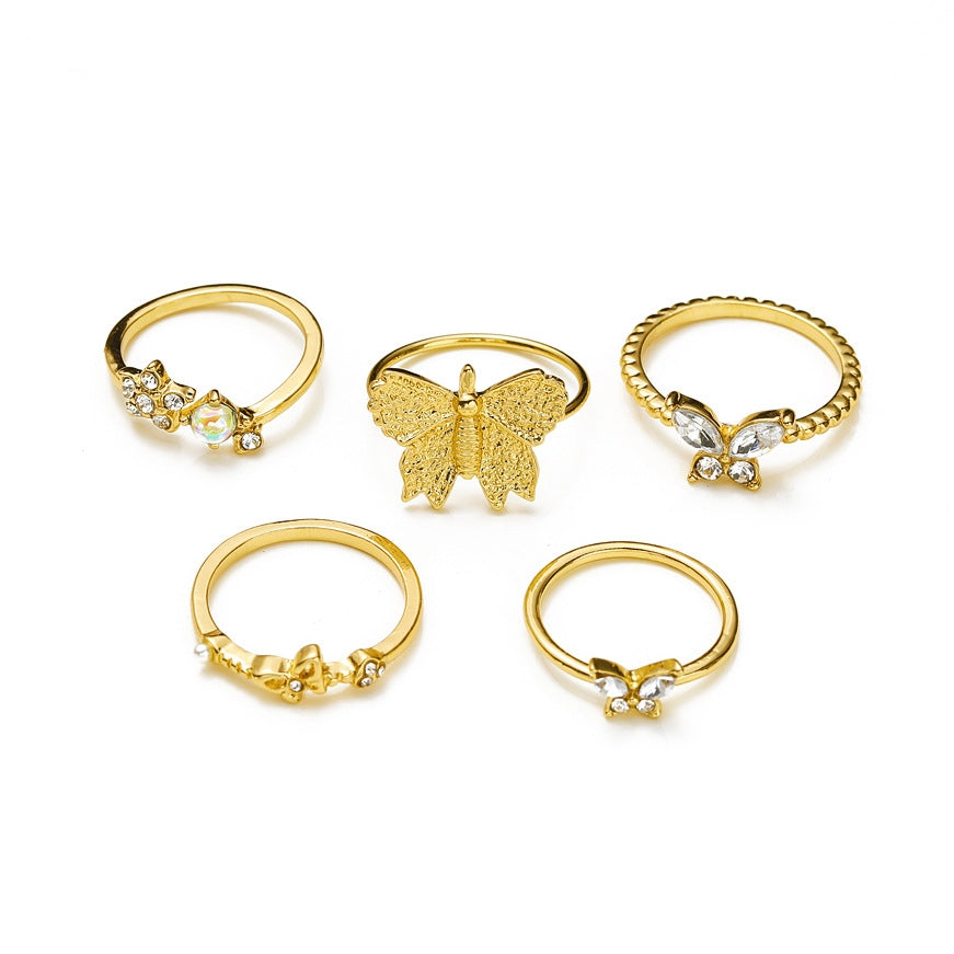 Diamond Butterfly Retro Pentagram Gold Plated Ring Set - 5 Pieces, Multiple Designs