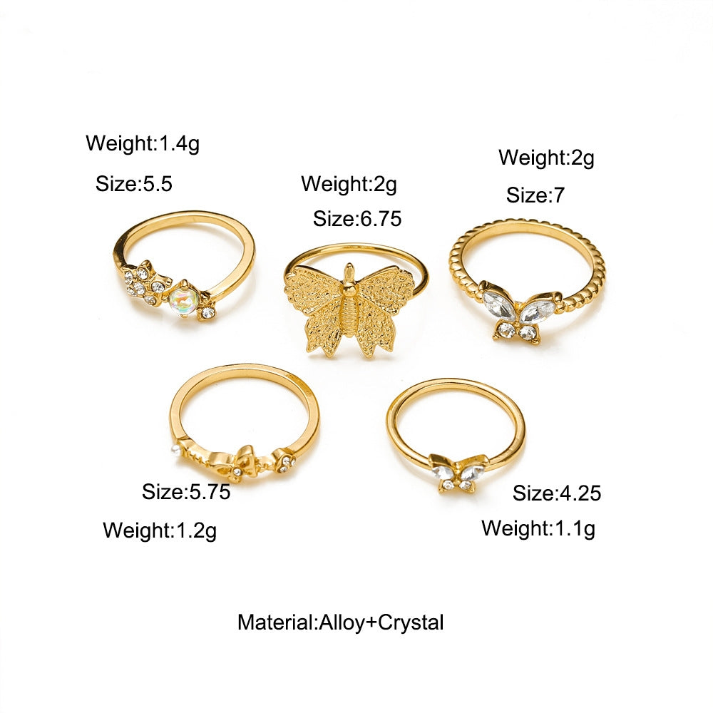 Diamond Butterfly Retro Pentagram Gold Plated Ring Set - 5 Pieces, Multiple Designs