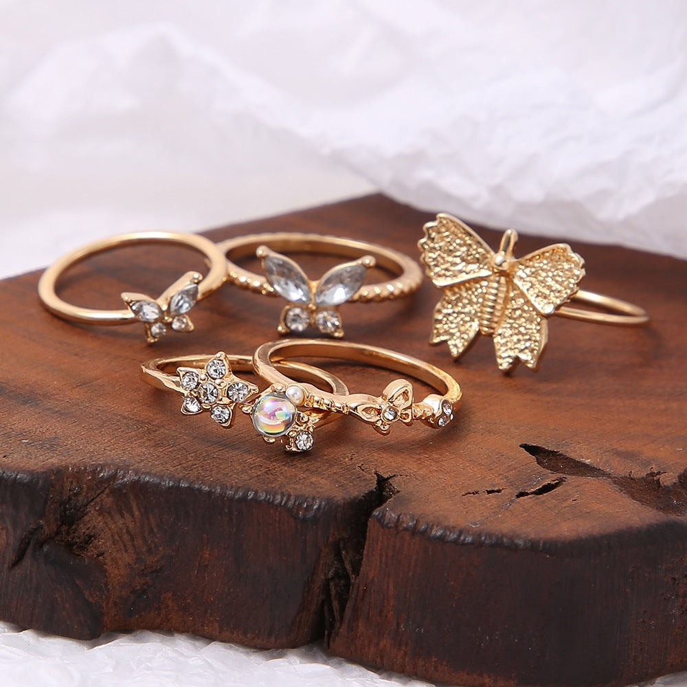 Diamond Butterfly Retro Pentagram Gold Plated Ring Set - 5 Pieces, Multiple Designs