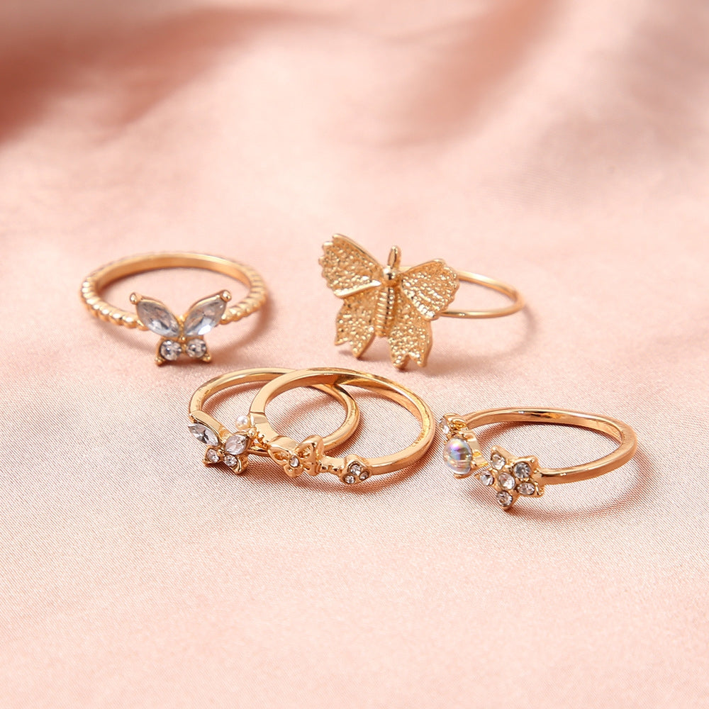 Diamond Butterfly Retro Pentagram Gold Plated Ring Set - 5 Pieces, Multiple Designs