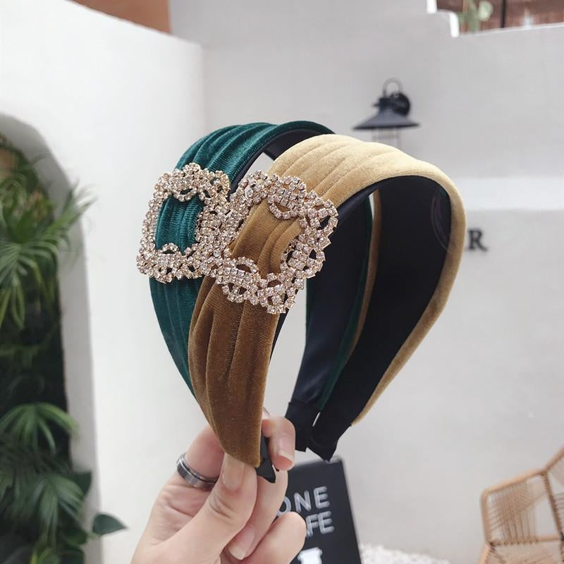 Diamond Sparkle Gold Velvet Wide-Brim Headband for Women