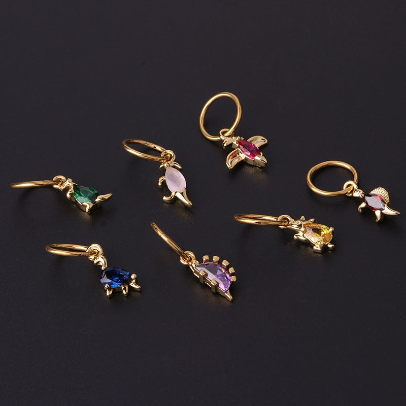 Fashion Animal Ear Cartilage Rings & Studs with Colorful Zircon Dinosaur Pendant, 316 Stainless Steel Copper Plated, 18g Piercing Jewelry