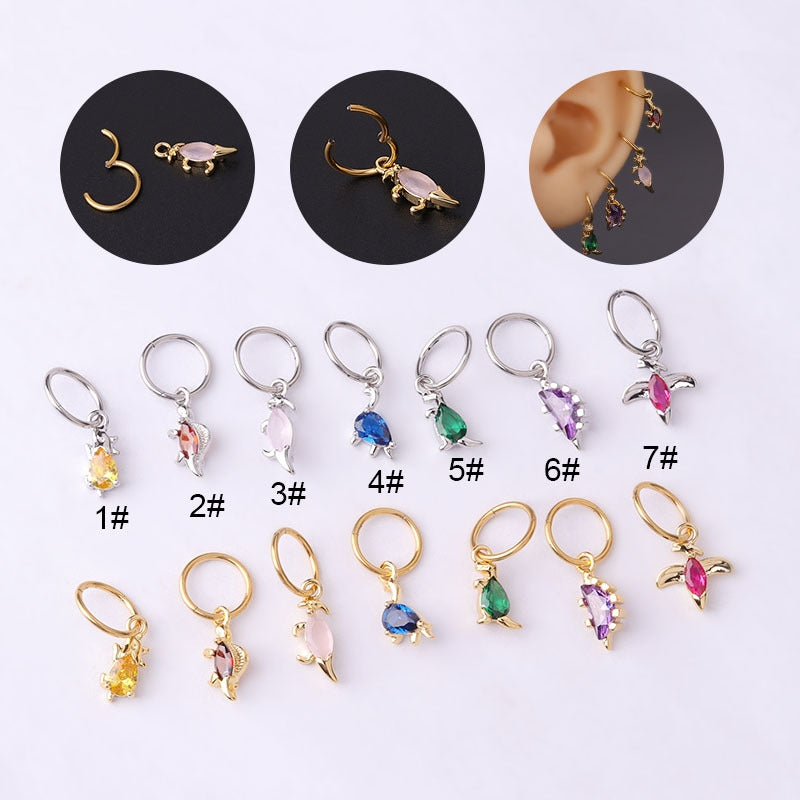 Fashion Animal Ear Cartilage Rings & Studs with Colorful Zircon Dinosaur Pendant, 316 Stainless Steel Copper Plated, 18g Piercing Jewelry