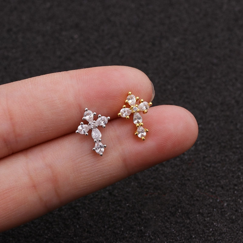 Cross Design Ear Cartilage Studs with Zircon Inlay - Stainless Steel Mini Earrings