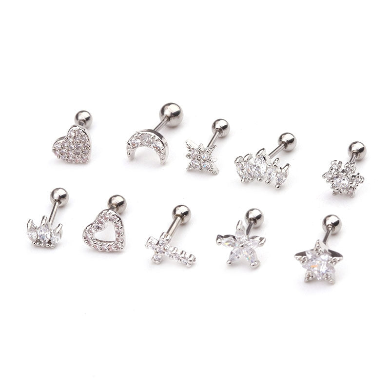 Crown Zircon Cross Cartilage Earrings & Studs Copper Plated