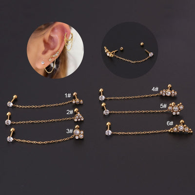 316 Stainless Steel Ear Cartilage Rings with Detachable Chain and Artificial Gemstones