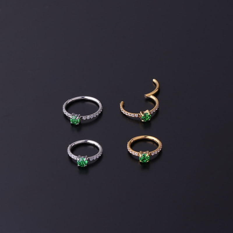 316 Stainless Steel Green Zircon Inlaid Cartilage Earrings - Fashion Round Studs and Closed Rings