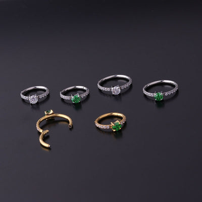 316 Stainless Steel Green Zircon Inlaid Cartilage Earrings - Fashion Round Studs and Closed Rings