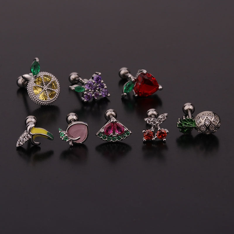 Fruit-Inspired Zircon Stud Earrings - Stainless Steel & Copper Ear Cartilage Jewelry