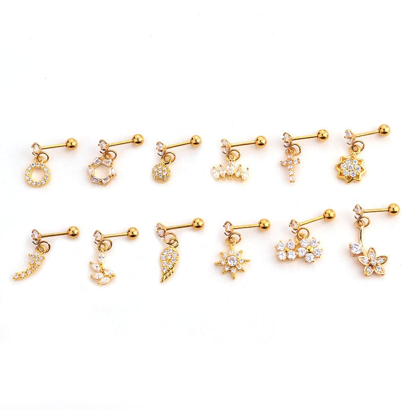 Floral Zircon Stainless Steel Cartilage and Stud Earrings Set