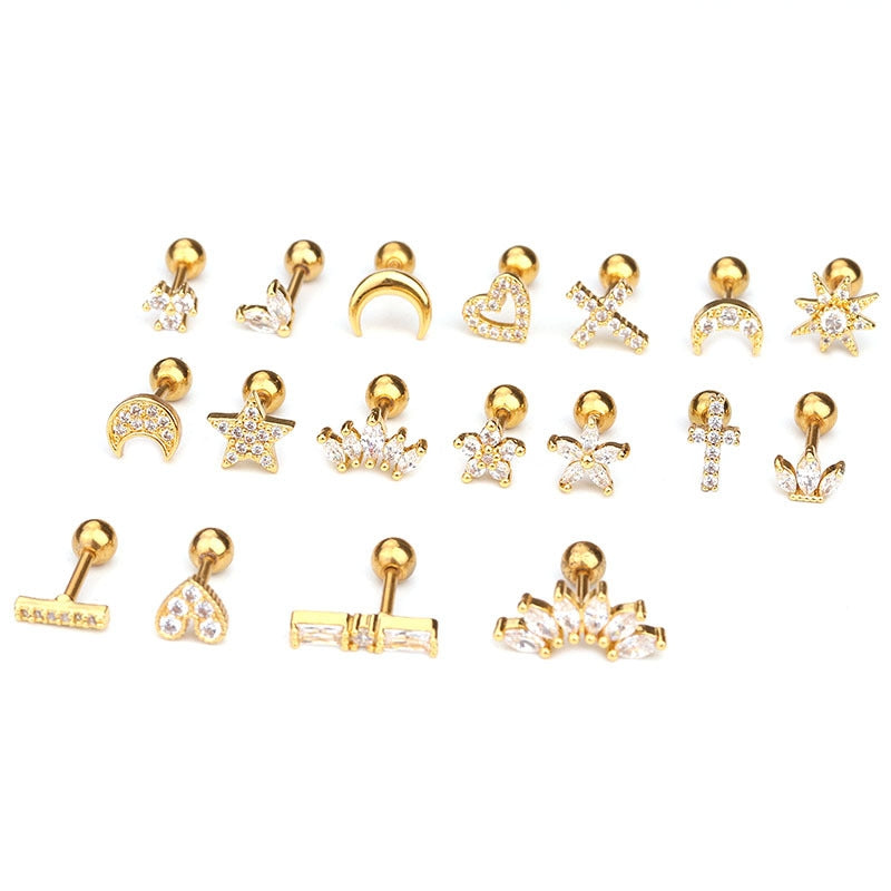 316 Stainless Steel Flower Ear Cartilage Rings & Zircon Stud Earrings