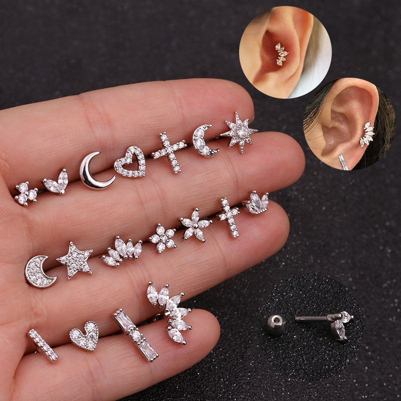 316 Stainless Steel Flower Ear Cartilage Rings & Zircon Stud Earrings