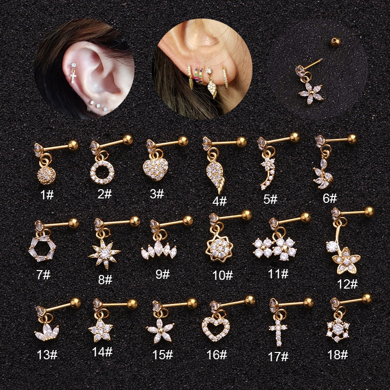 Floral Zircon Stainless Steel Cartilage and Stud Earrings Set