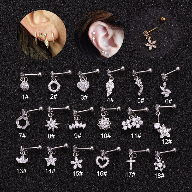 Floral Zircon Stainless Steel Cartilage and Stud Earrings Set