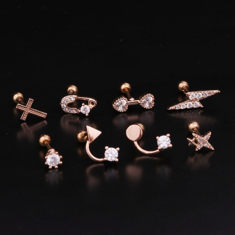 Geometric Lightning Zircon Stud Earrings for Women - Stainless Steel & Copper