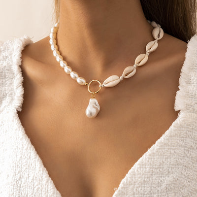 Elegant Baroque Geometric Shell Pearl Beaded Women's Necklace